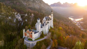 Aerial Castle Neuschwanstein Fall Colors Sunlit 2